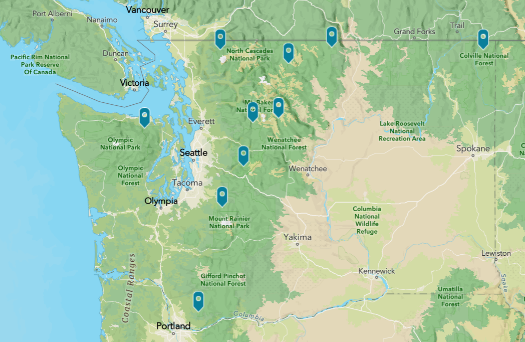 Map of Washington state showing 10 marked locations