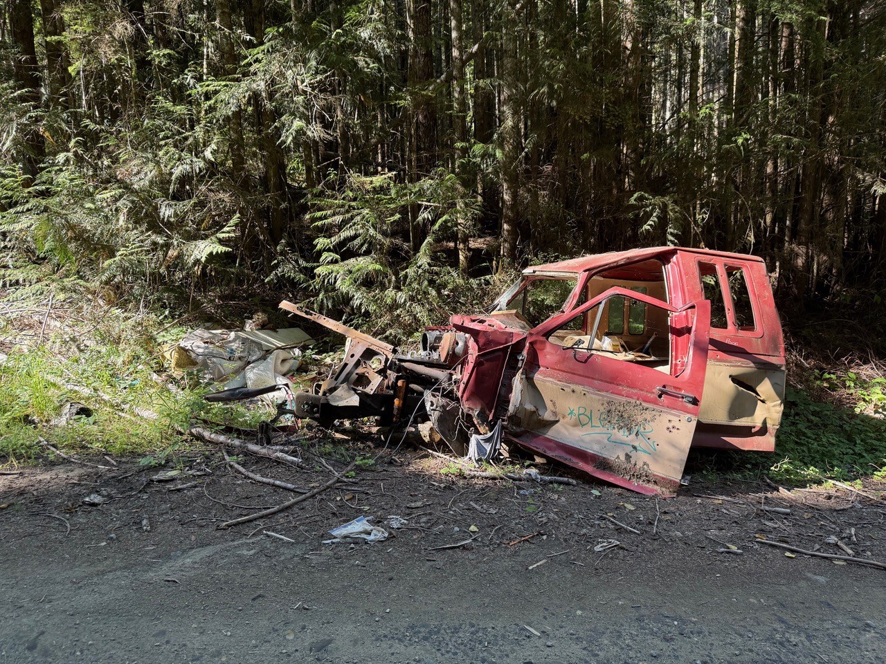 Ruins of a car sit at the side of a dirt road