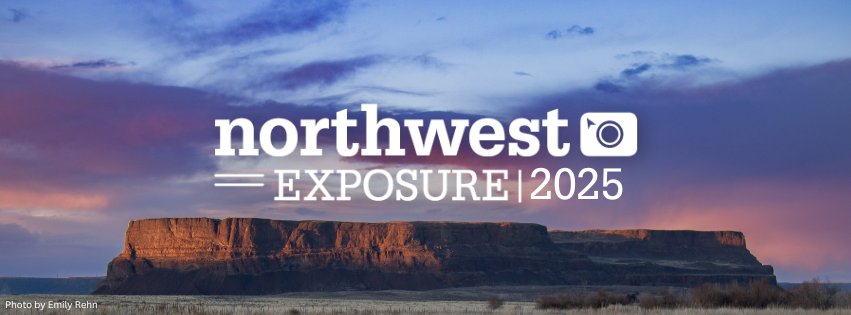 Badger mountain in center of photo at sunset. Northwest Exposure 2025 logo in white in center of frame.