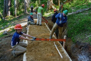 Volunteers build a turnpike at Indian Heaven. Photo by Ginger Sarver.