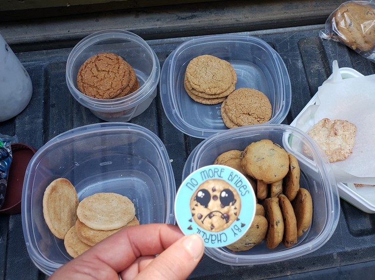 cookies from Charlie A selection of cookies in Tupperware and a small sticker with a cookie on it