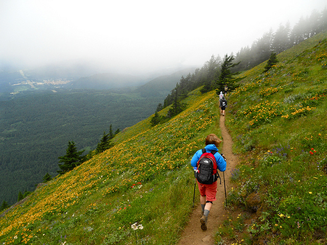 Heading into a cloud on Dog Mountain Heading into a cloud on Dog Mountain. Photo by by Sean Philbrook