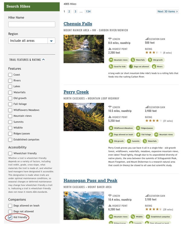 Kid-friendly hikes feature selected from menu.