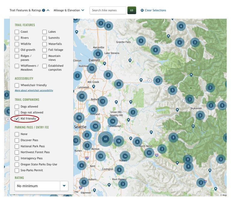 Kid-friendly hikes selected on the Hike Finder map.