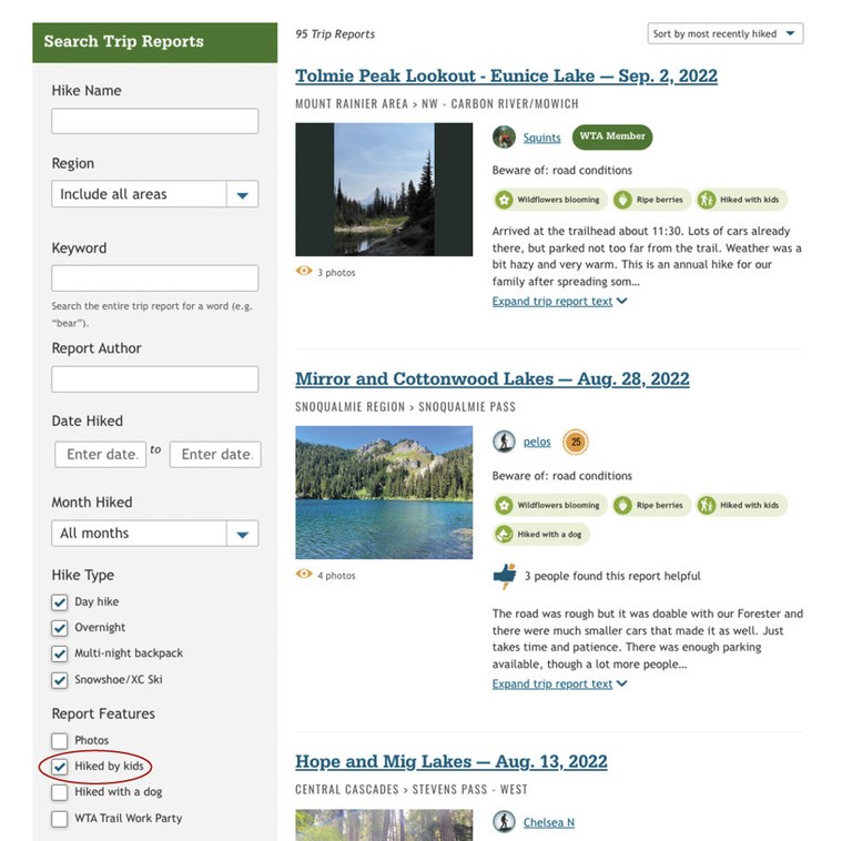 Filter for kid-friendly trip reports