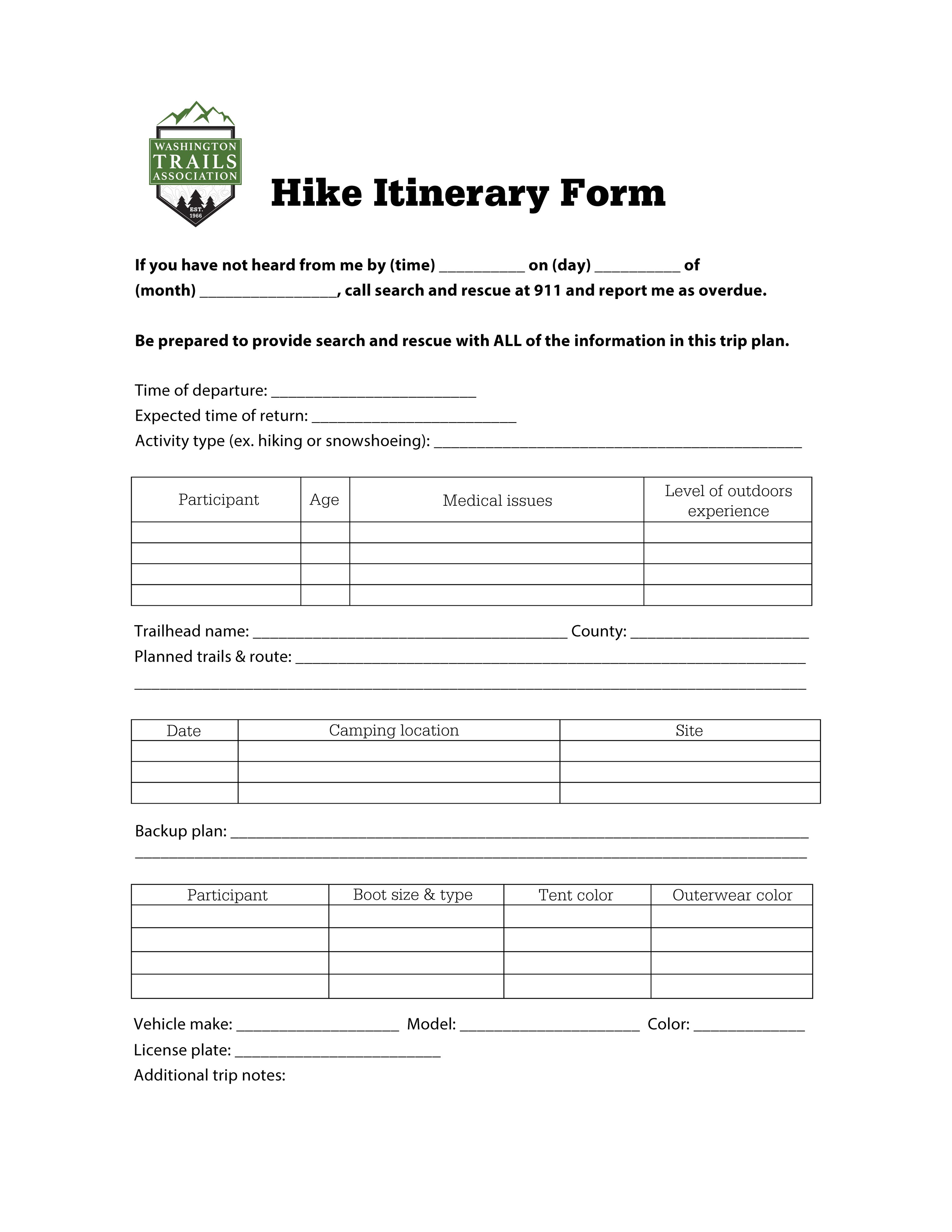 WTA Printable Hike Itinerary Form JPG Image WTA Printable Hike Itinerary Form JPG Image