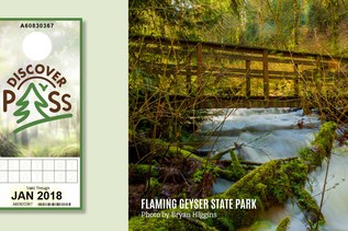 A Discover Pass and a waterfall are pictured.