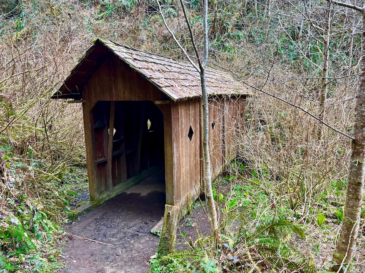Small wooden covered bridge in Lake Sylvia State Park. Photo by VentureBold.