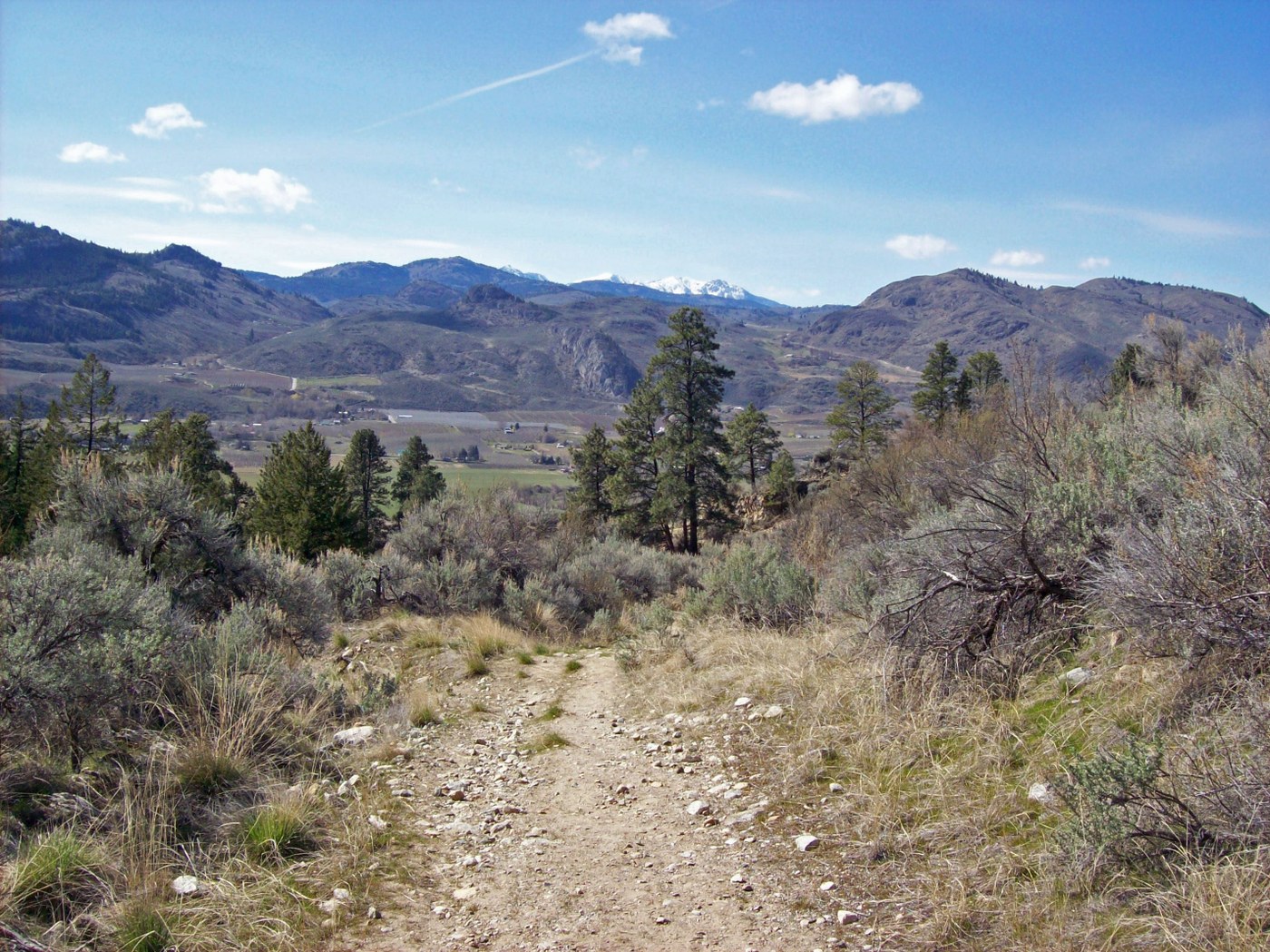 A dirt trail looking down into a valley with rolling hills and mountains beyond it.