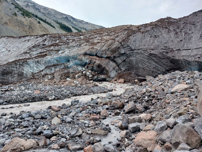 An up close view of a glacier, riddled with sediment.