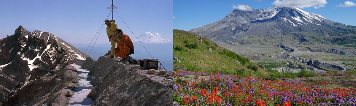 Mount St. Helens from both Dante's Peak and the Eruption Trail. Photo by raring2hike. Mount St. Helens crater rim from Dante's Peak and a view of the crater from the Eruption Trail. Photo by raring2hike.