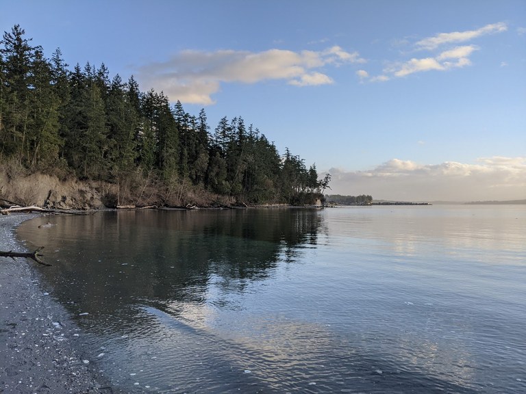 Foulweather Bluff Preserve. Photo by beachwalkerj. A stretch of gray beach curving off toward the horizon.