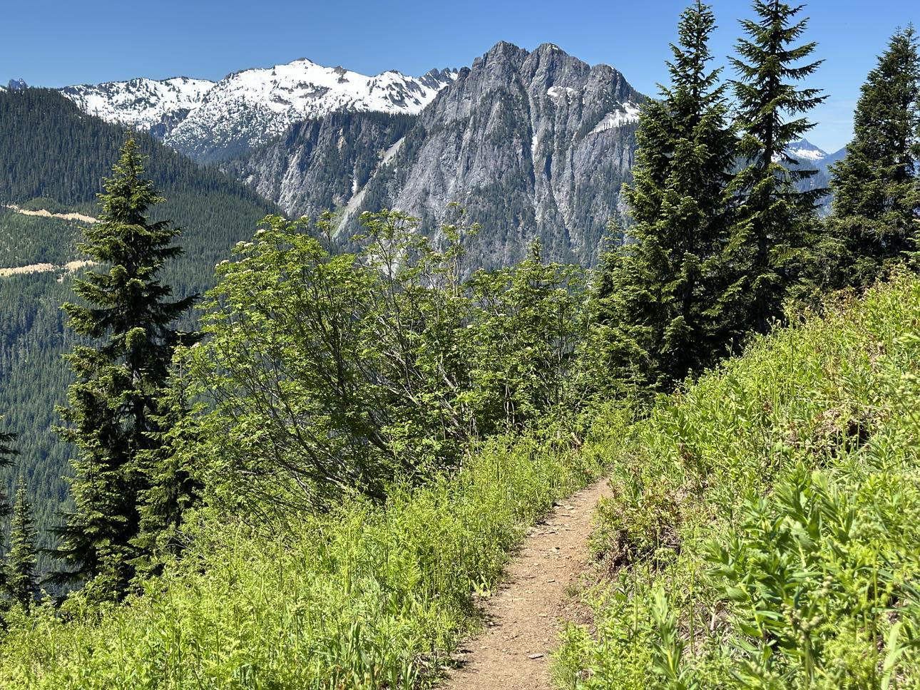 View of mountain peaks from the grassy trail on Frog Mountain. Photo by B Sun. 