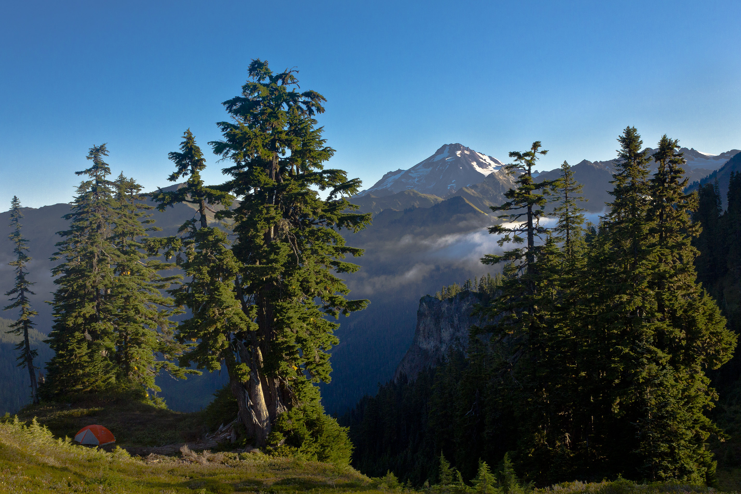 Glacier Peak as seen from the Meander Meadow - Cady Ridge - Dishpan Gap loop trail. Our camp in the foreground just off the PCT. by Willem Barentz