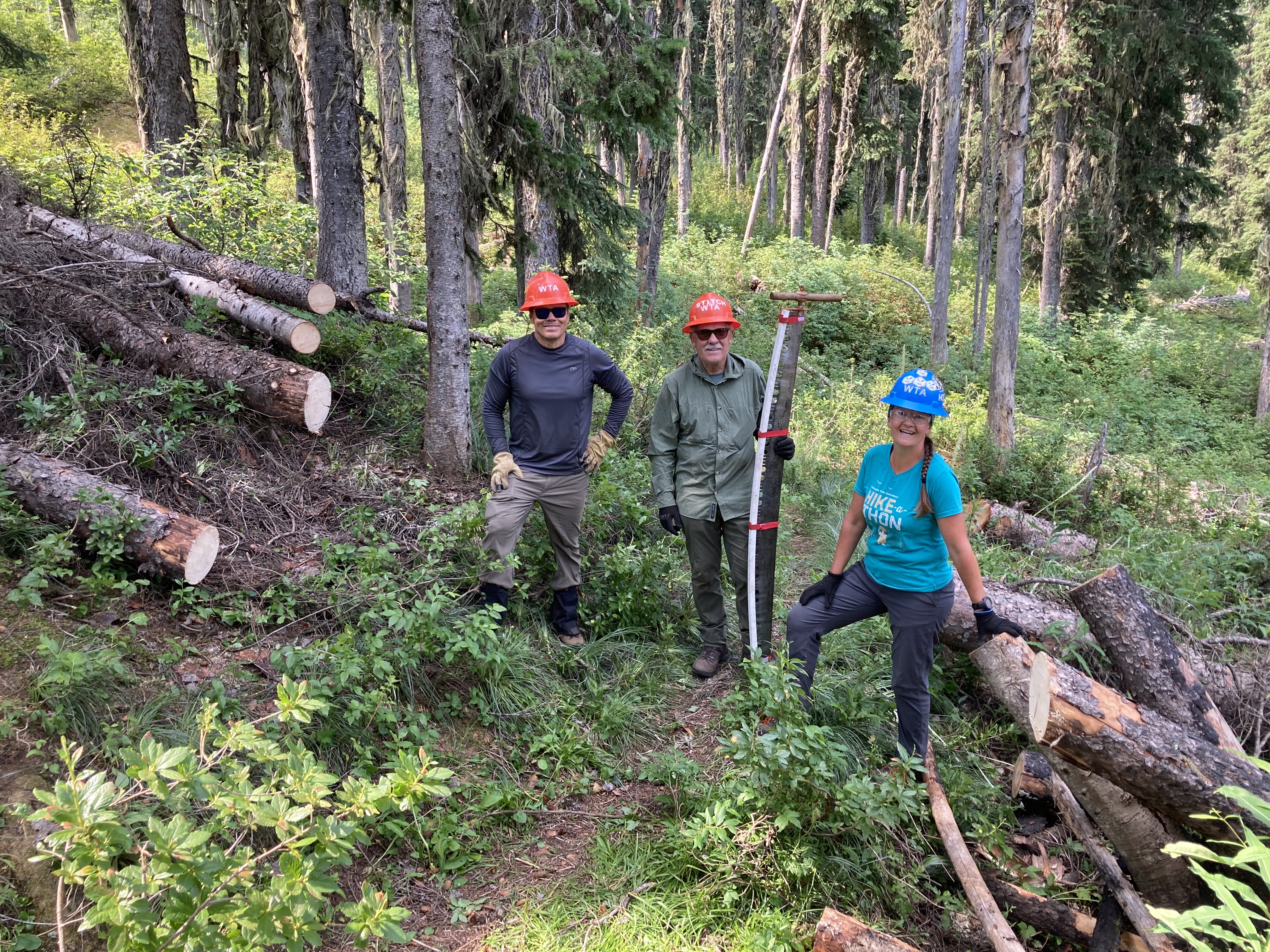 A crew of three clears a log from across a trail in a lush green forest. 