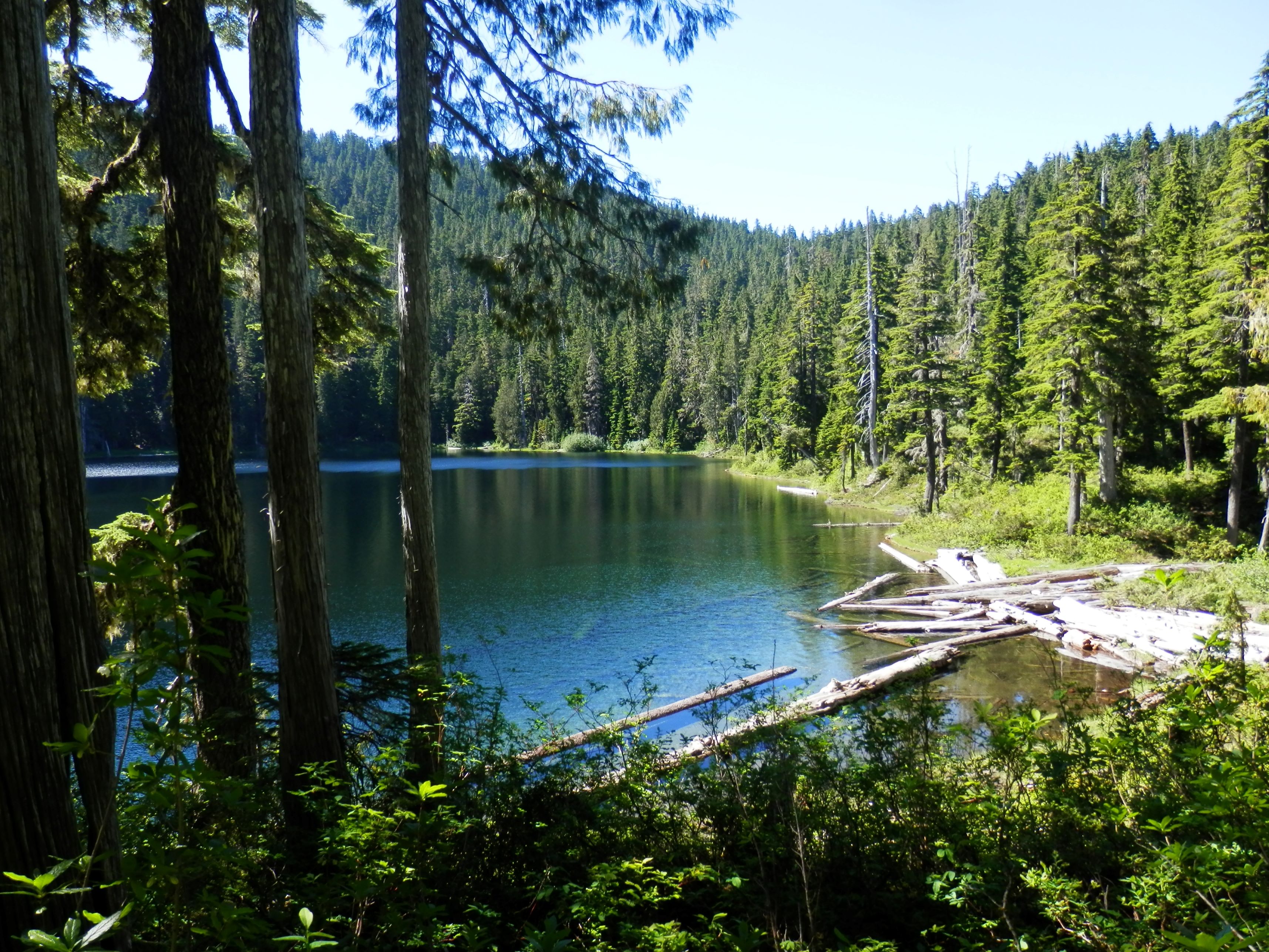 View of Peek-a-Boo Lake from a campsite next to the lake on a sunny day. Photo by mato.