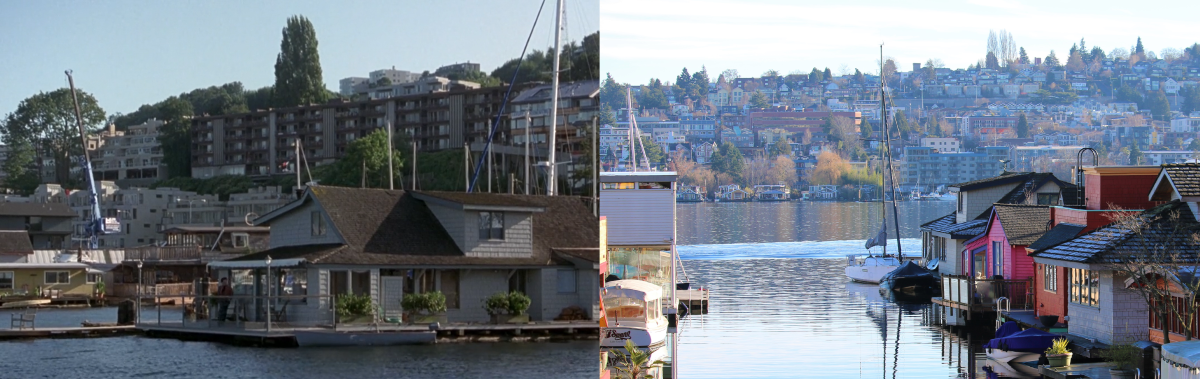 Lake Union from Sleepless in Seattle and a hike on the Cheshiahud Lake Union Loop. Photo by wafflesnfalafel. Views of houseboats on Lake Union in Sleepless in Seattle and from Cheshiahud Lake Union Loop trail. Photo by wafflesnfalafel.