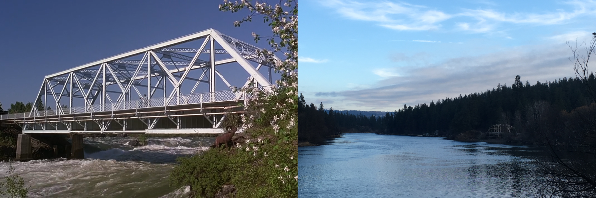 Spokane River as seen in Smoke Signals and on the Deep Creek Canyon trail. Photo by PNW_Backpacker. Spokane River under the Howard Street Middle Channel Bridge in Spokane near Spokane Falls over Spokane River, and a view of the Spokane River on the Deep Creek Canyon trail. Photo by PNW_Backpacker.