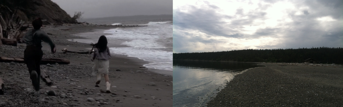 Sandy beaches in Snow Falling on Cedars and at Spencer Spit. Photo by dgran. Kids running on the sandy beach in Snow Falling on Cedars, and the sandy beach at Spencer Spit. Photo by dgran.