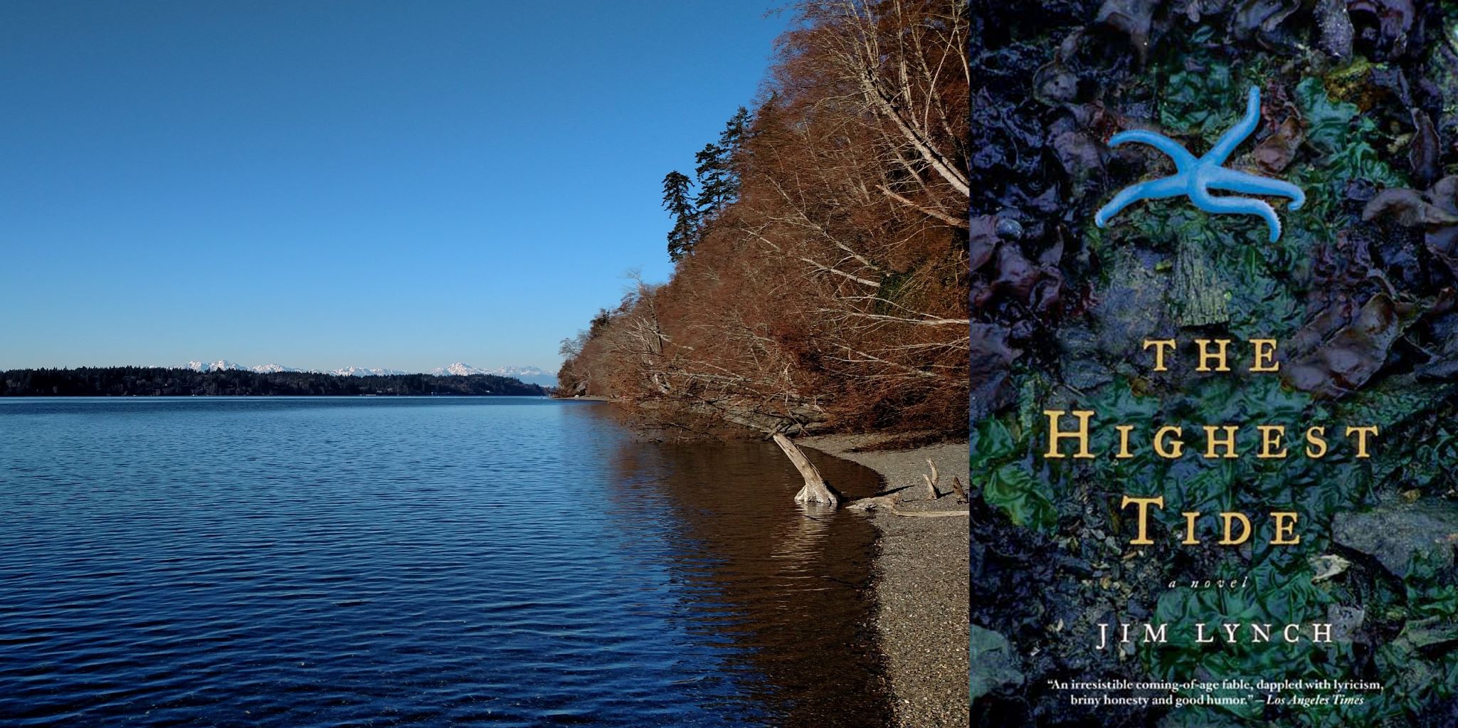 View of the snow-capped Olympic mountain range across Budd Inlet at Burfoot County Park. Photo by Doug H. Cover of The Highest Tide by Jim Lynch.