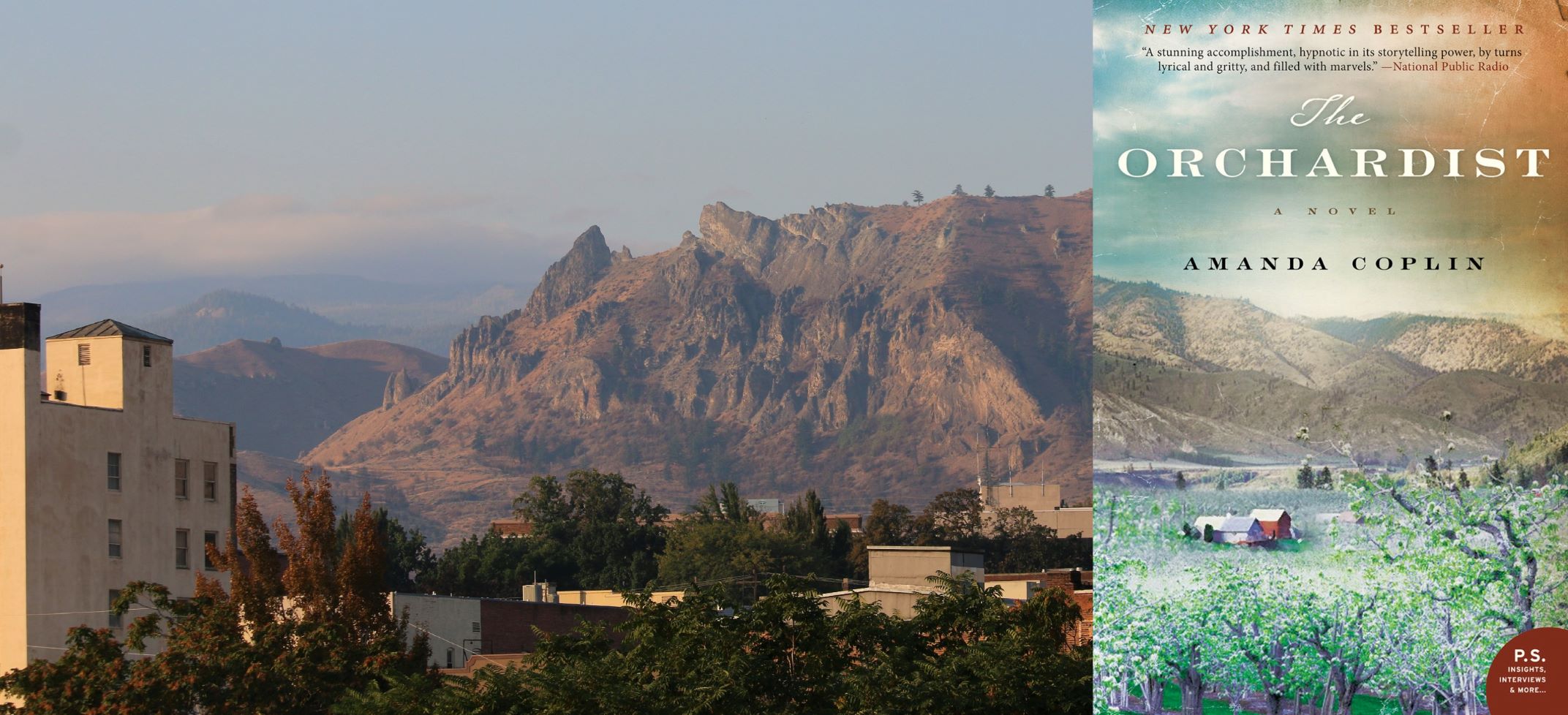 View of Saddle Rock from downtown Wenatchee from the Apple Capital Recreation Loop Trail. Photo by wafflesnfalafel. Cover of The Orchardist by Amanda Coplin.