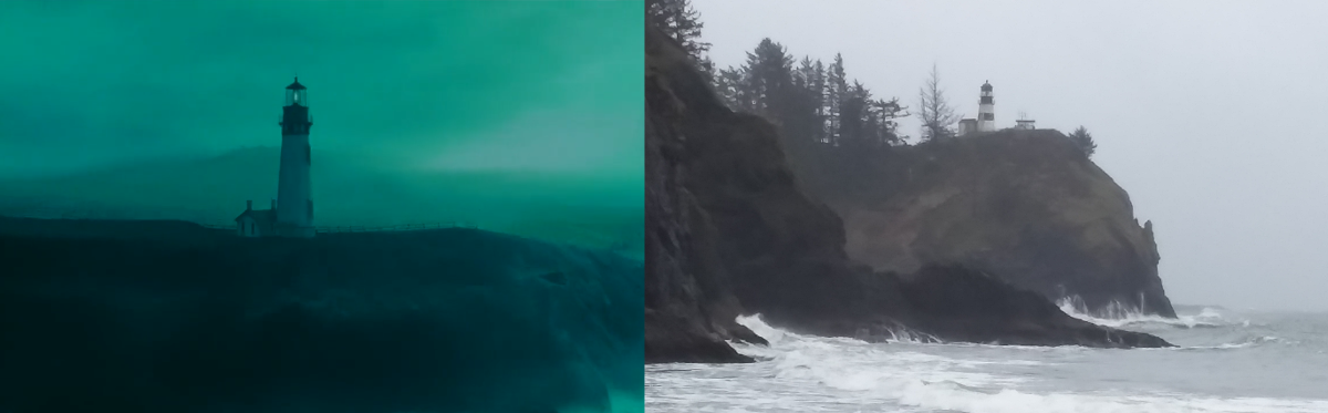 Spooky lighthouses on Moesko Island in The Ring and Cape Disappointment, WA. Photo by T'sa Rosie. Spooky-looking lighthouses on the fictional Moesko Island and the real Cape Disappointment. Photo by T'sa Rosie.