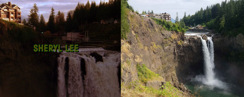 Snoqualmie Falls, in Twin Peaks and in real life. Photo by wjl8. Snoqualmie Falls, as seen from the Twin Peaks original run and on a hike. Photo by wjl8.