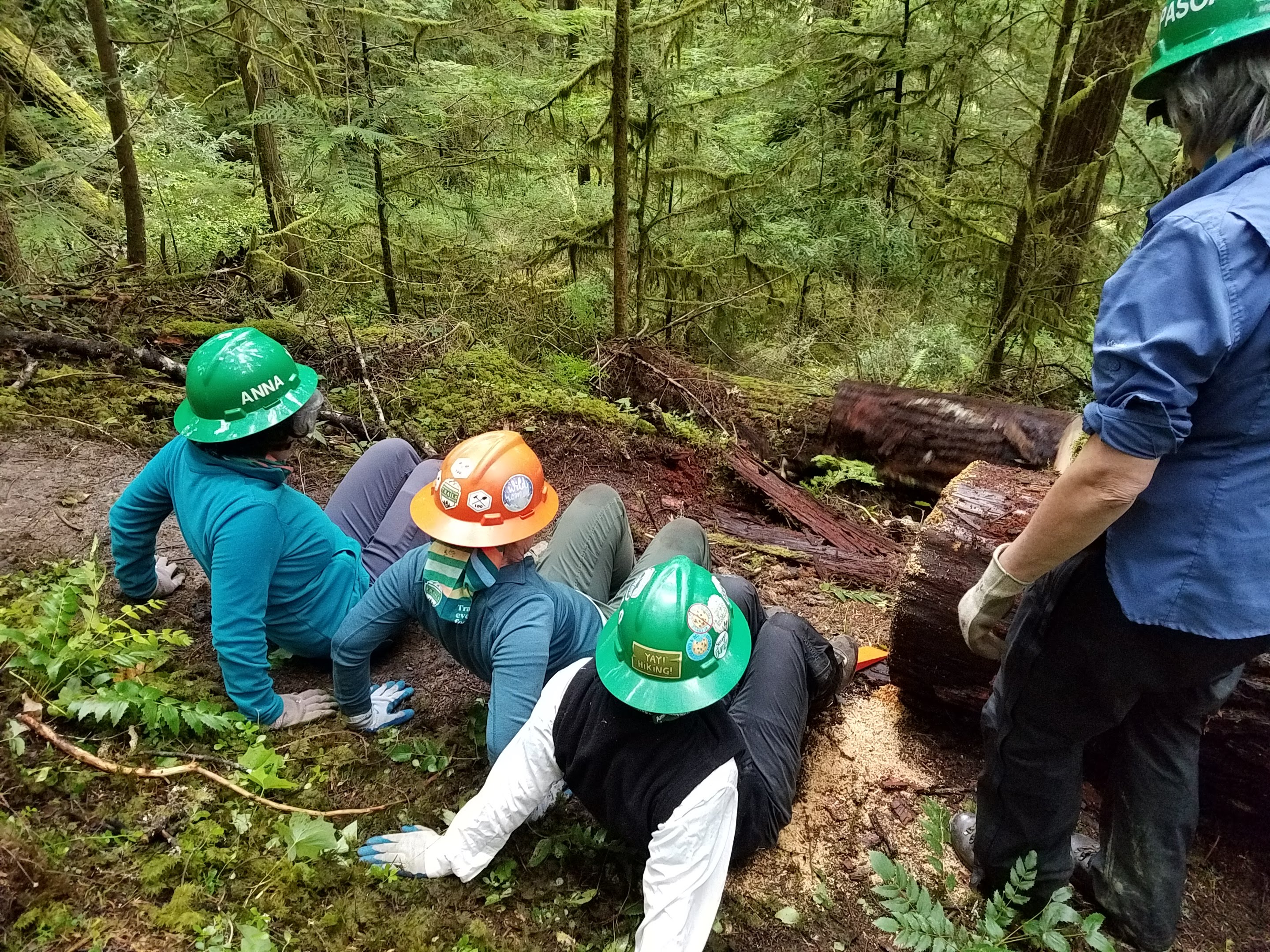Three volunteers push a segment of a log using their feet. Photo by Dawn Rorvik.