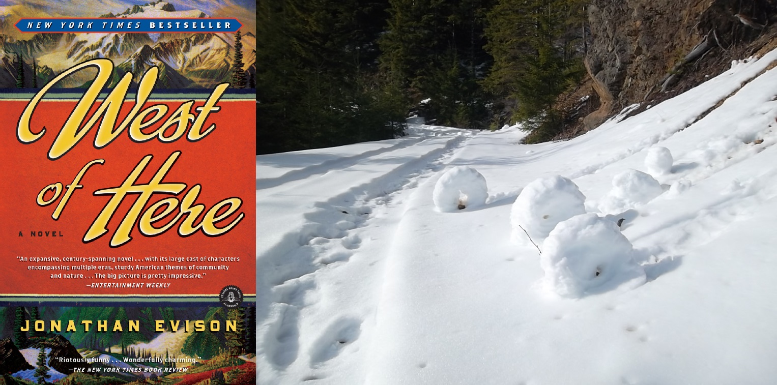 Snow rollers on a snowshoe trip on the Elbo Creek trail. Photo by halflingZ. Cover of West of Here by Jonathan Evison.