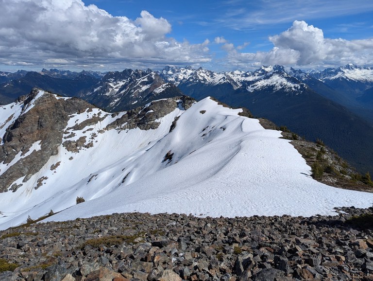 Snowcapped ridgelines and mountains in the North Cascades.