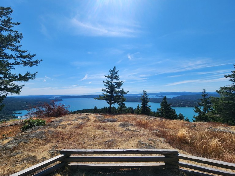 Revel in views of the Salish Sea and surrounding islands. Photo by trip reporter KZMoves A short wooden fence with a sprawl of the Puget Sound and islands beyond.