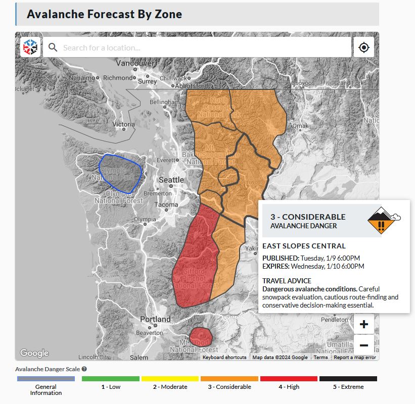 A picture of the avalanche warning map from the northwest avalanche center. 
