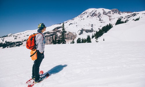 A hiker stands in the snow.