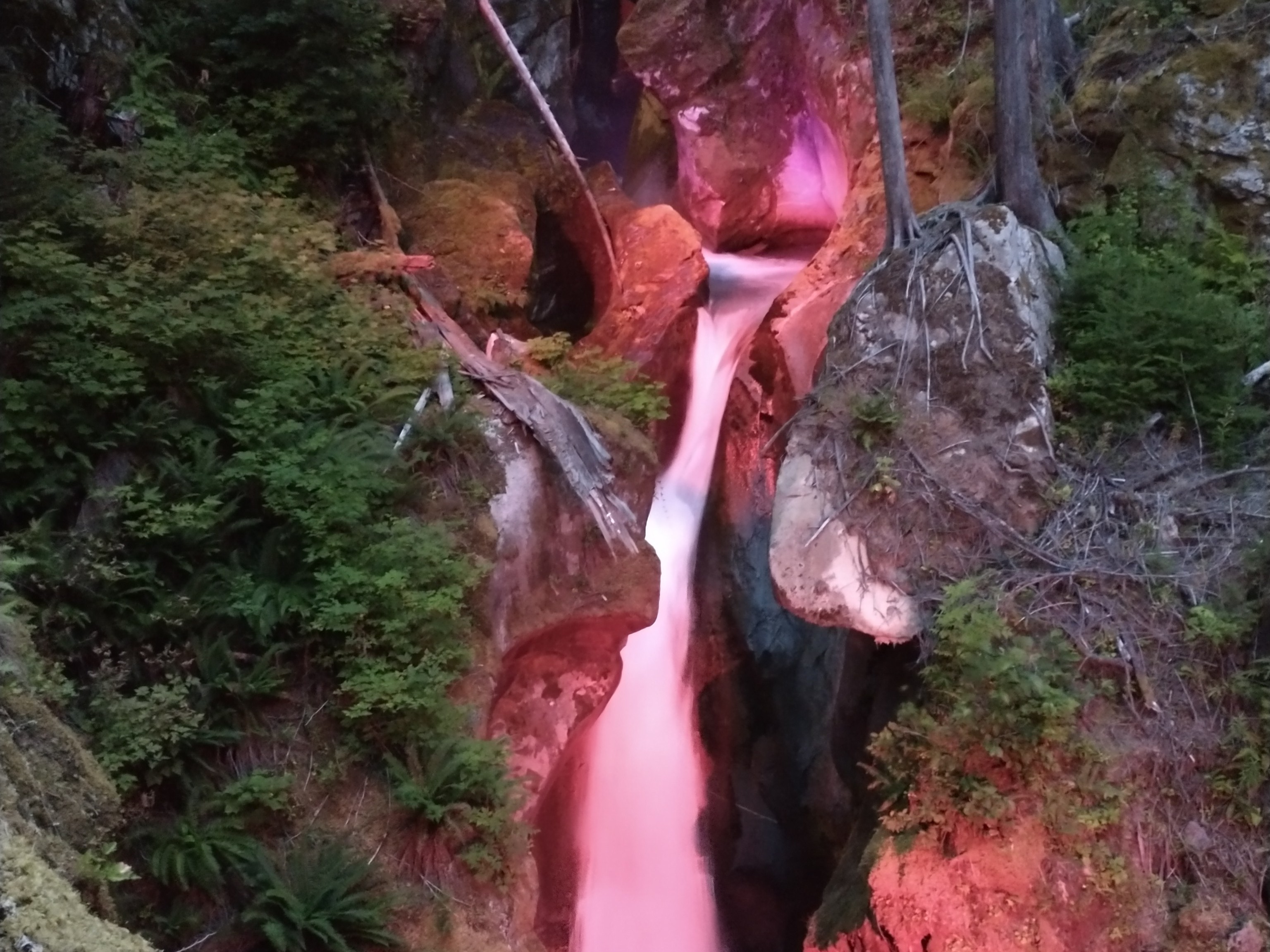 A red light illuminates Ladder Creek Falls. Photo by multivariablespace.