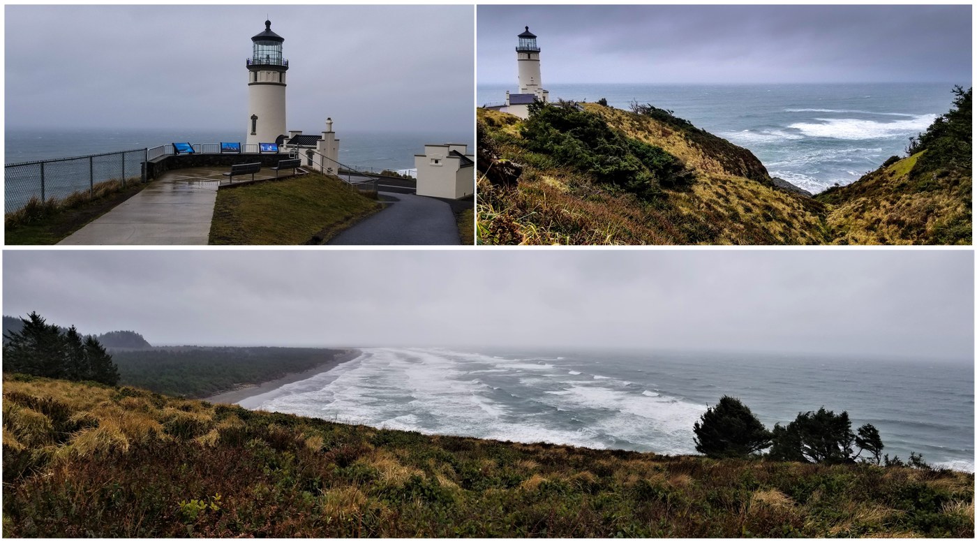 A mosaic image shows a black and white striped lighthouse and a high-up view of a beach and waves.
