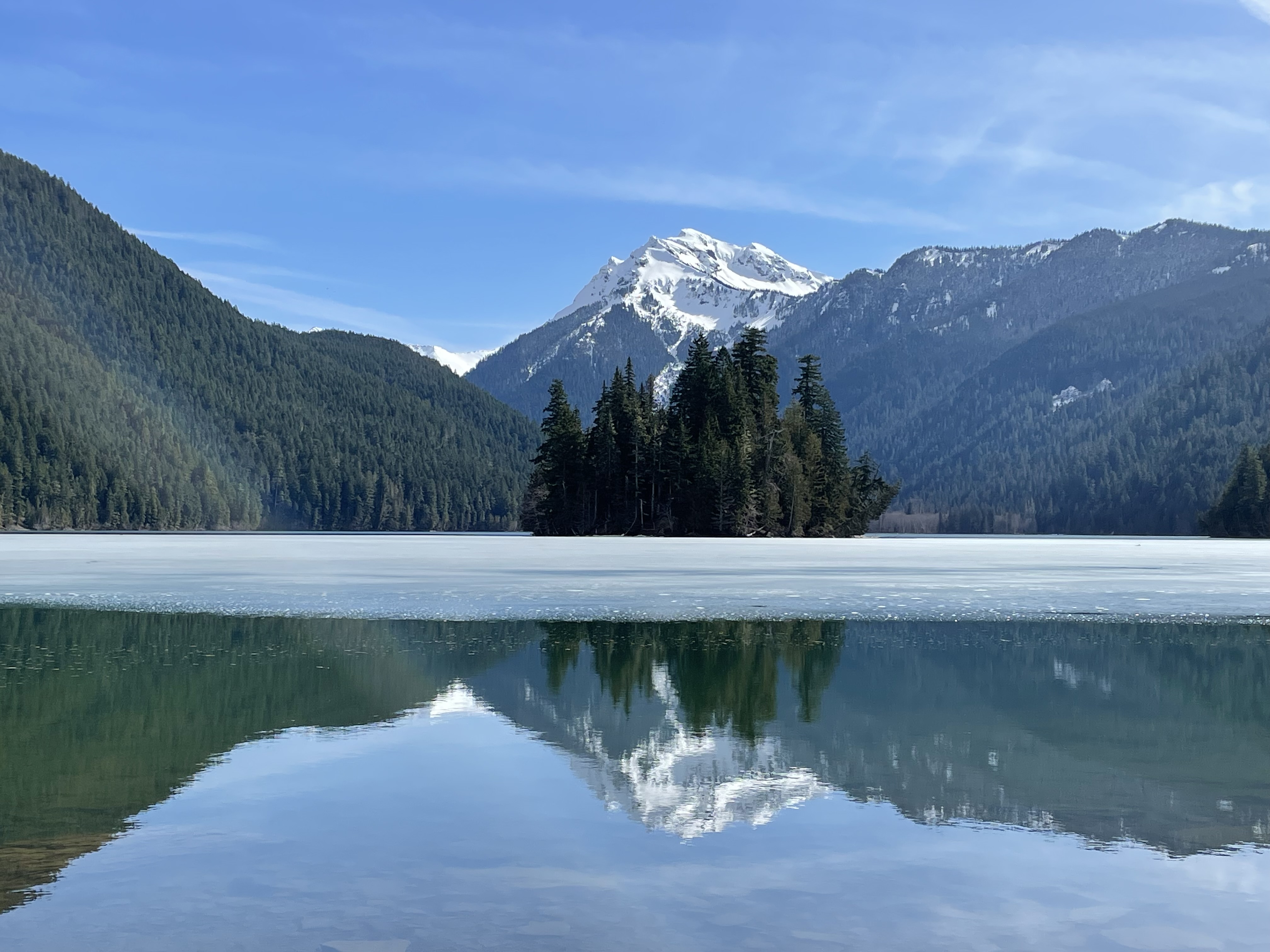 A reflection of the island on Packwood Lake in winter. Photo by trip reporter KateA.