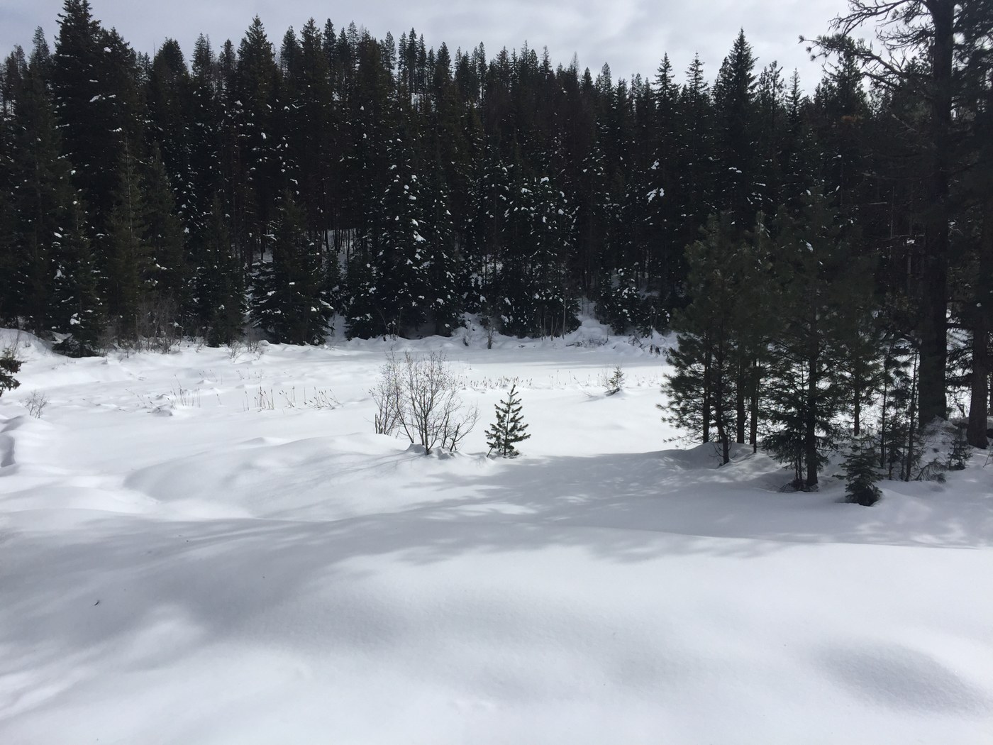 Rye Creek to Camp Lake. Snow-covered Camp Lake on a snowshoe in the Teanaway.