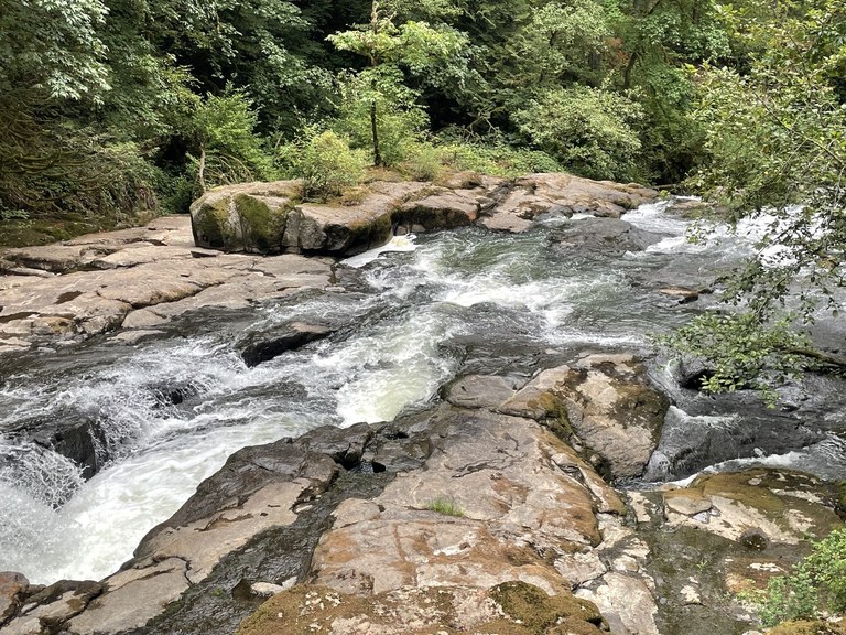 A wide creek rushes over flat, beige rock