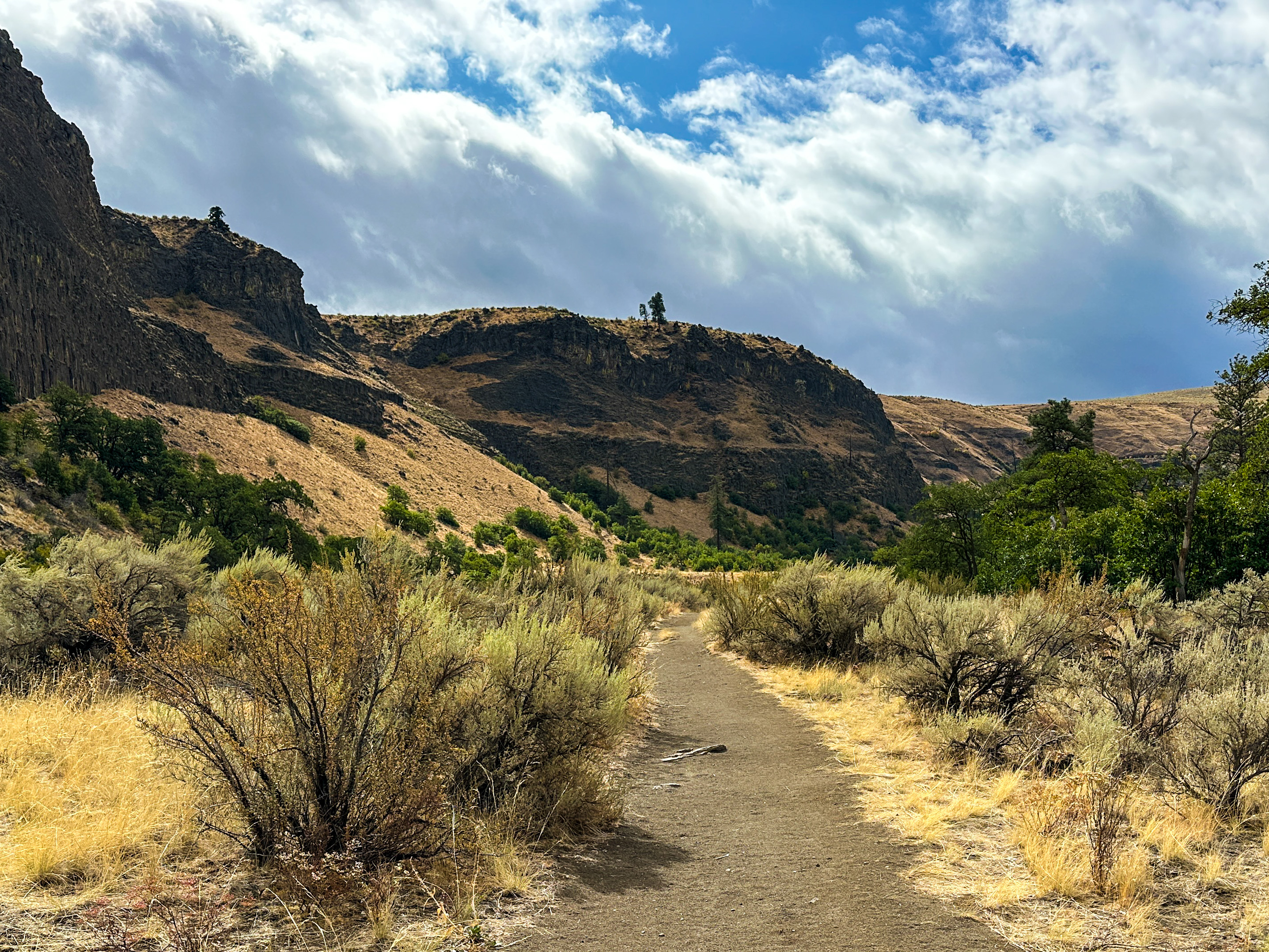 Large landforms and grass surround the Tieton River Nature Trail. Photo by Mary&Molly.