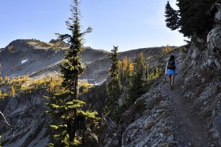 A hiker walks up a trail in autumn.