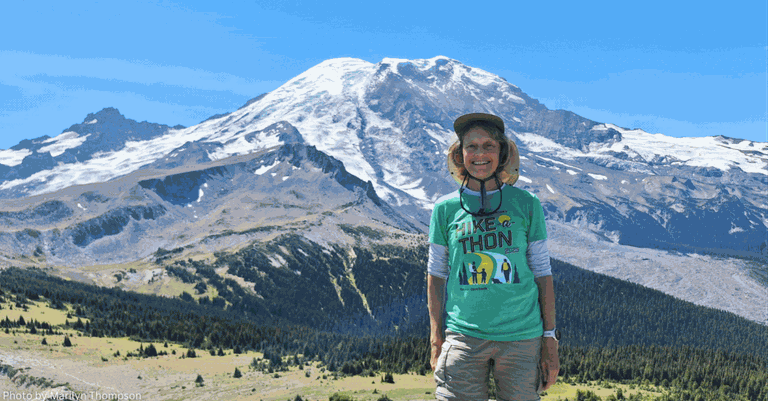 A series of photos of Hike-a-Thon participants wearing the bright green event T-shirt. They are in different size groups on a variety of trails, including mountains, neighborhood parks and forests. Photos by Marilyn Thompson, Diana Chin, Lara Linde, Jennifer Bradwin, Craig Romano and Doug Varga.