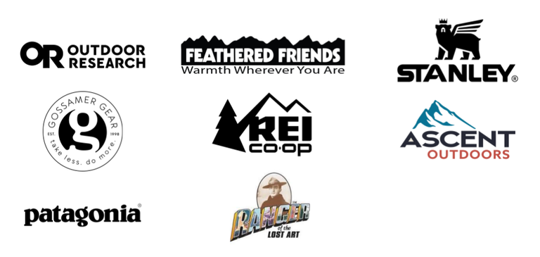 Outdoor Research, Feathered Friends, Stanley 1913, Gossamer Gear, REI, Ascent Outdoors, Patagonia and Ranger Doug's Enterprises logos.