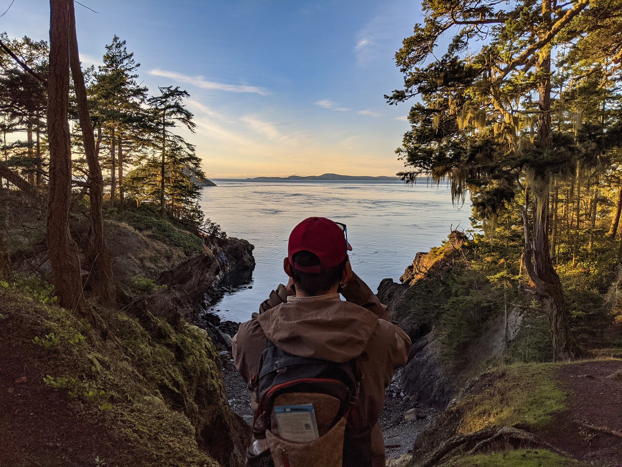 Person in a baseball hat and backpack looks over water with trees on either side of them