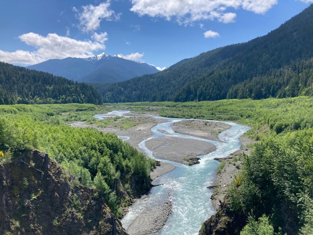 A braided river flows through a wide, green valley under a blue sky