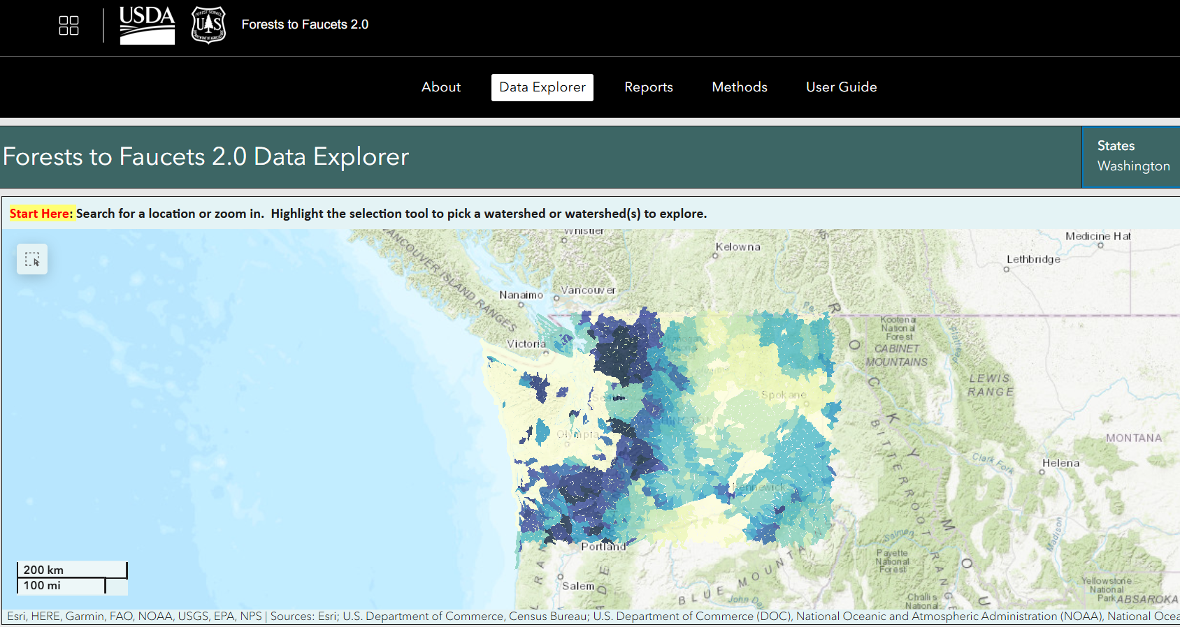 Still shot of the Forest Service's interactive map "Forests to Faucets"