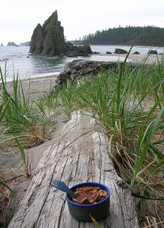 Toleak Point A backcountry meal resting on a piece of driftwood on the Pacific Coast.