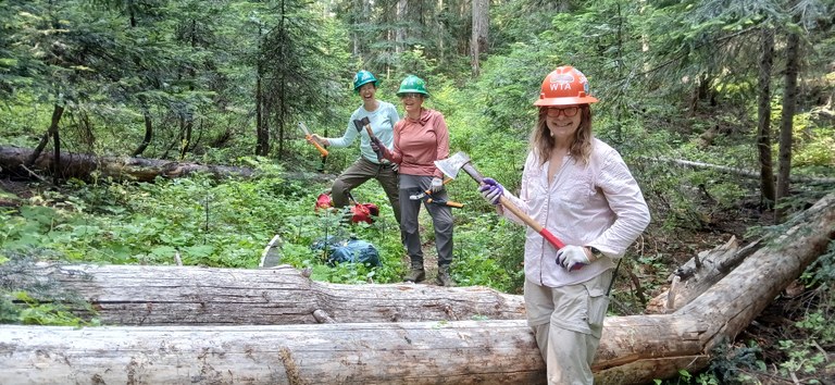 Three WTA volunteers hold axes next to blowdowns. 