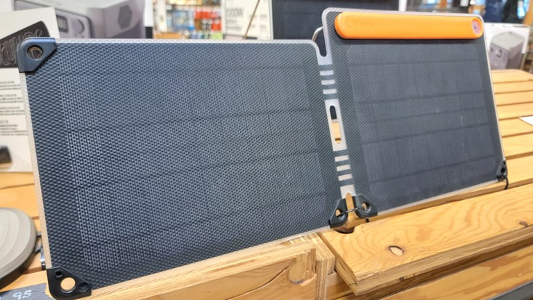 Hikers can find solar chargers online or at your local outdoor retailer. These were on display at REI. Photo by Joseph Gonzalez Solar panels on an REI display shelf.