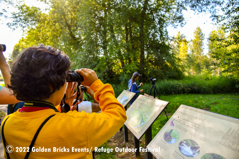 A small crowd of people with binoculars peer into trees in hope of birds.