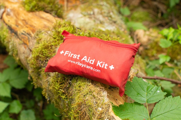 A first aid kit sits on a mossy log.